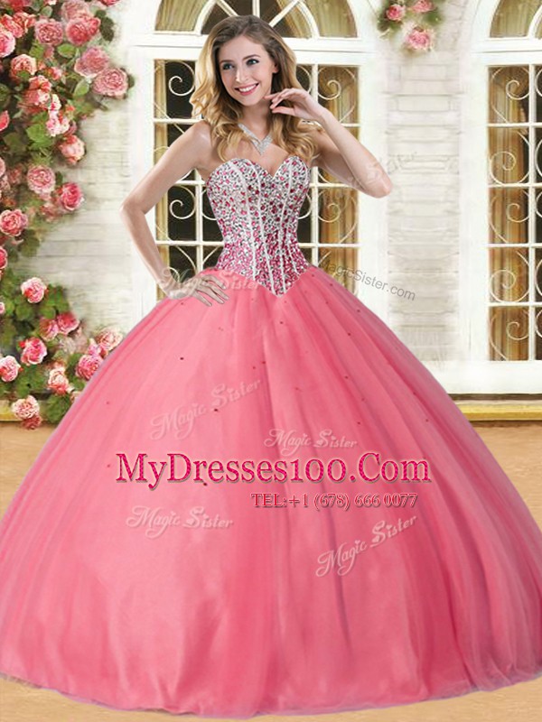 Amazing Sleeveless Tulle Floor Length Lace Up Ball Gown Prom Dress in Coral Red with Beading
