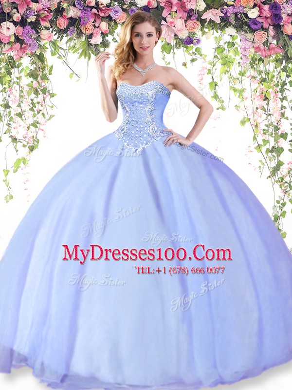 Beading 15 Quinceanera Dress Lavender Lace Up Sleeveless Floor Length
