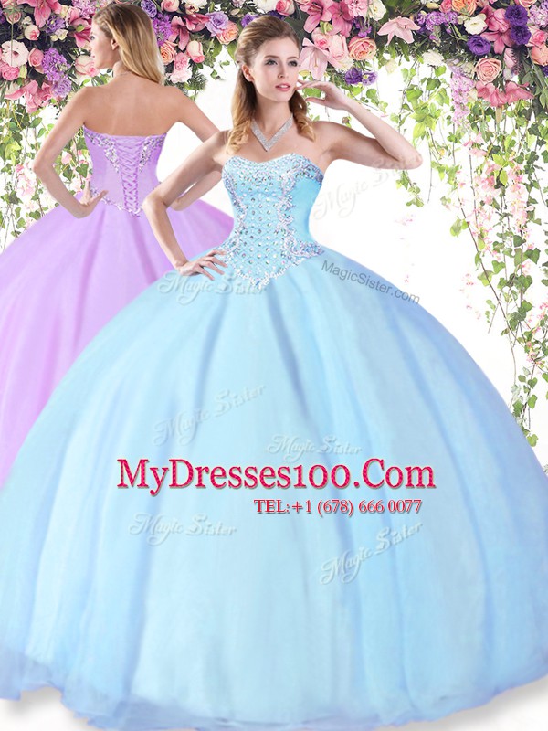 Glamorous Light Blue Ball Gowns Sweetheart Sleeveless Tulle Floor Length Lace Up Beading Quinceanera Dress