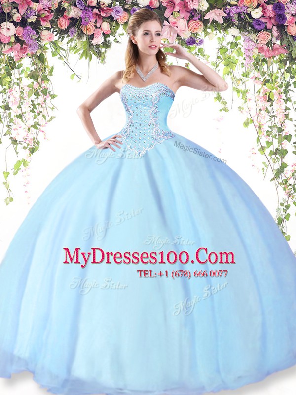 Glamorous Light Blue Ball Gowns Sweetheart Sleeveless Tulle Floor Length Lace Up Beading Quinceanera Dress