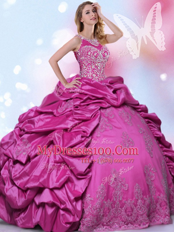 Custom Design Halter Top Pick Ups Fuchsia Sleeveless Taffeta Lace Up 15 Quinceanera Dress for Military Ball and Sweet 16 and Quinceanera