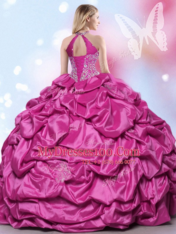 Custom Design Halter Top Pick Ups Fuchsia Sleeveless Taffeta Lace Up 15 Quinceanera Dress for Military Ball and Sweet 16 and Quinceanera