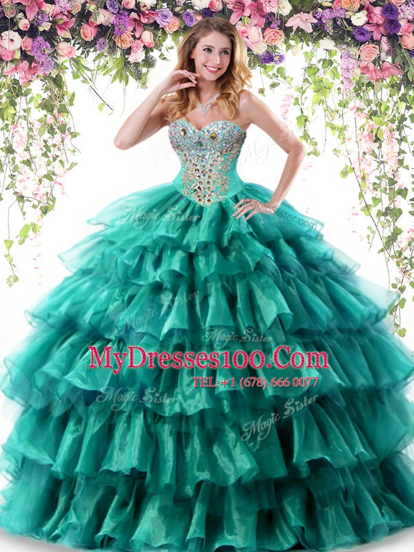 Modern Floor Length Green Quinceanera Gown Organza Sleeveless Beading and Ruffled Layers