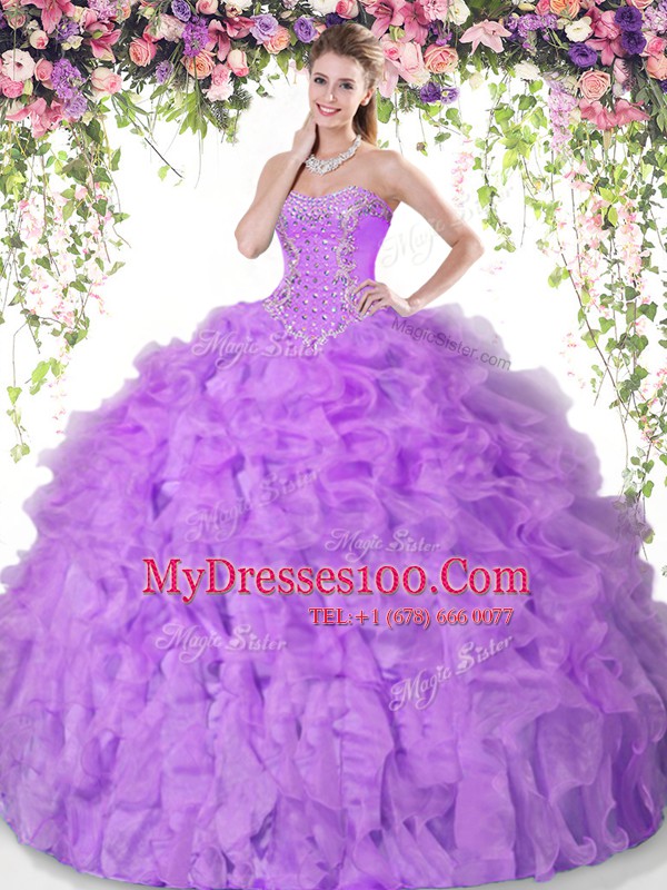 Lilac Ball Gowns Organza Sweetheart Sleeveless Beading and Ruffles Floor Length Lace Up Sweet 16 Dresses