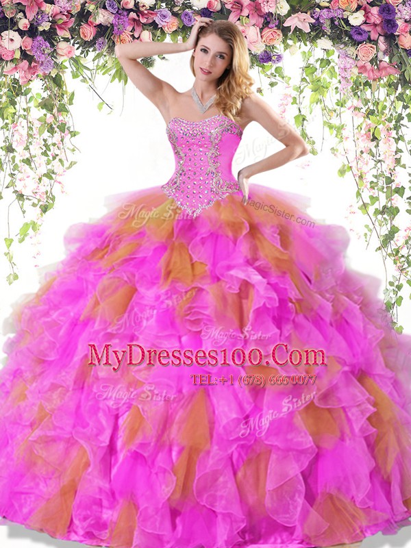 Sleeveless Organza Floor Length Lace Up Quinceanera Dress in Multi-color with Beading and Ruffles