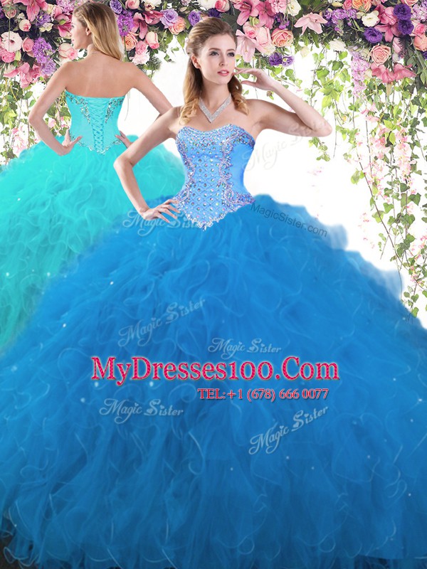 Best Selling Blue Tulle Lace Up 15 Quinceanera Dress Sleeveless Floor Length Beading