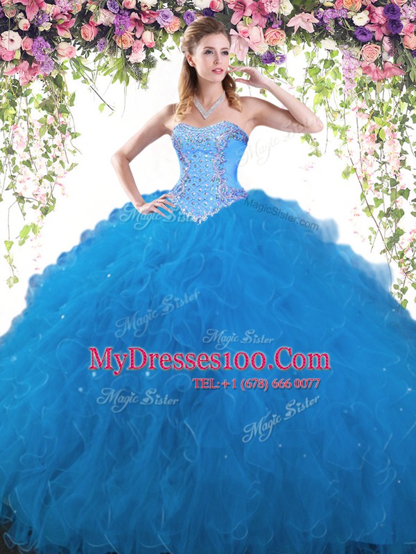 Best Selling Blue Tulle Lace Up 15 Quinceanera Dress Sleeveless Floor Length Beading