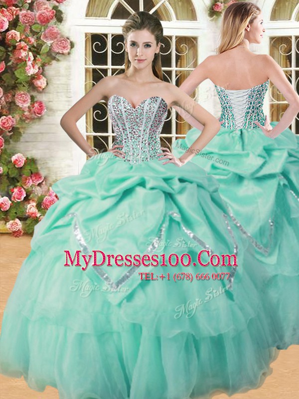 Apple Green Organza Lace Up Sweetheart Sleeveless Floor Length 15 Quinceanera Dress Beading and Pick Ups