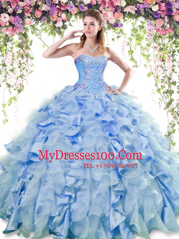 Attractive Sweetheart Sleeveless Organza and Taffeta Quince Ball Gowns Beading and Ruffles Lace Up