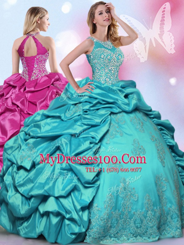 Halter Top Pick Ups Floor Length Ball Gowns Sleeveless Teal Quinceanera Dresses Lace Up