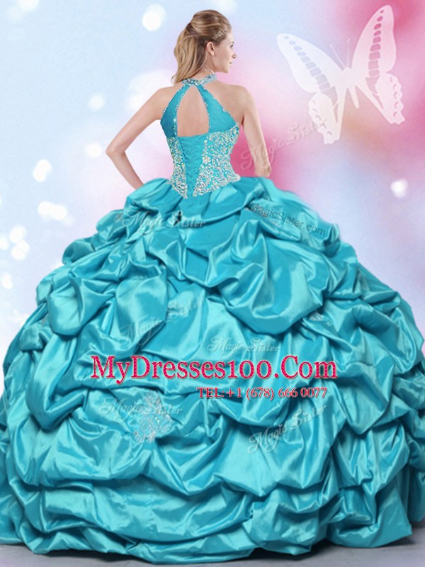 Halter Top Pick Ups Floor Length Ball Gowns Sleeveless Teal Quinceanera Dresses Lace Up