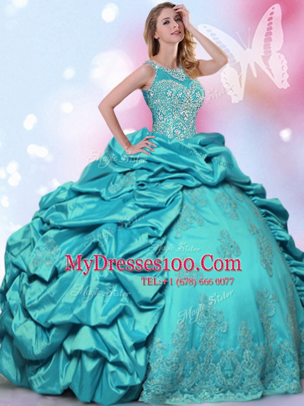 Halter Top Pick Ups Floor Length Ball Gowns Sleeveless Teal Quinceanera Dresses Lace Up