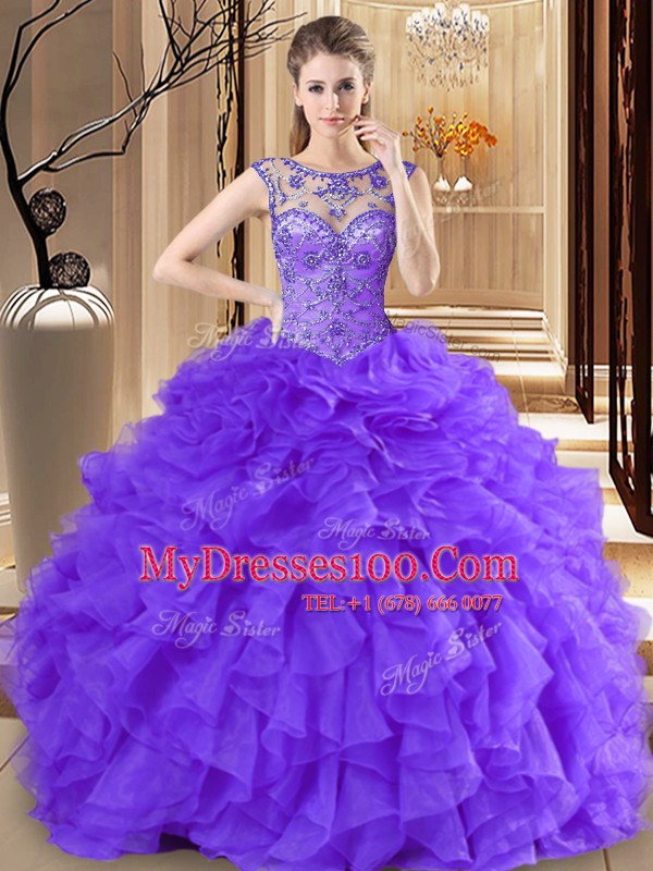 Scoop Floor Length Lace Up Quinceanera Dresses Purple for Military Ball and Sweet 16 and Quinceanera with Beading and Ruffles
