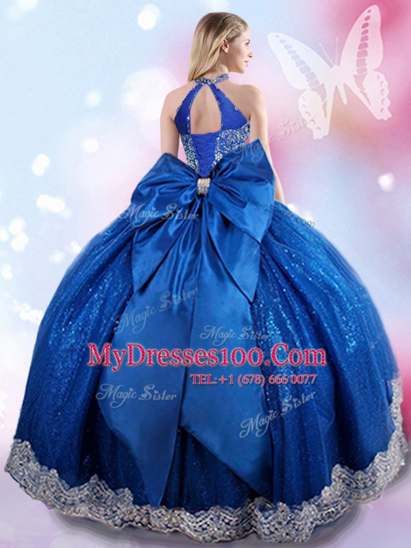 Royal Blue Ball Gowns Taffeta Halter Top Sleeveless Beading and Bowknot Floor Length Lace Up 15th Birthday Dress