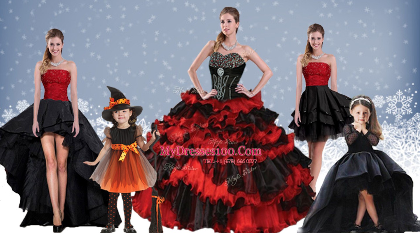 Fine Red And Black Ball Gowns Sweetheart Sleeveless Satin and Organza Floor Length Lace Up Beading and Ruffled Layers Sweet 16 Quinceanera Dress