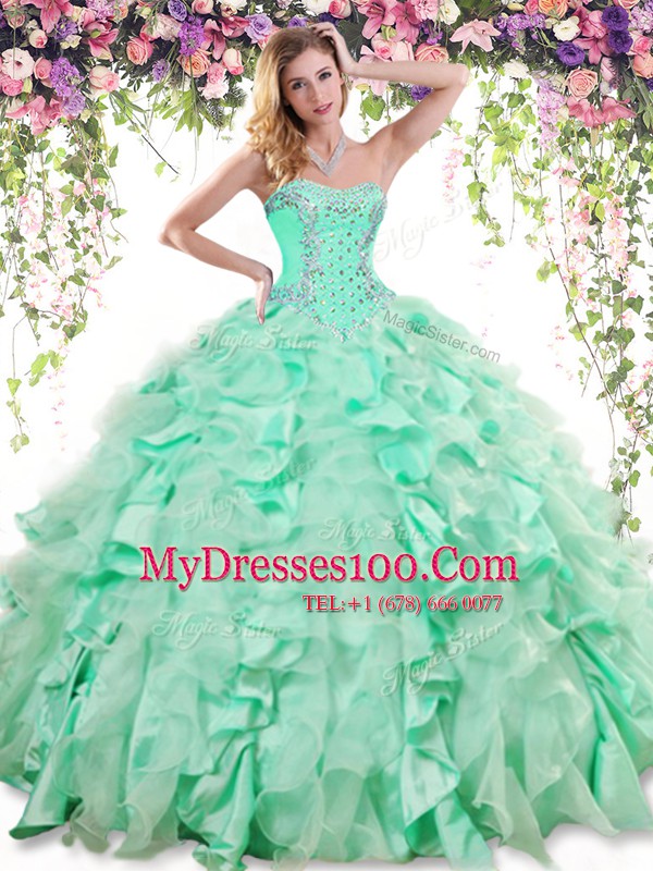 Traditional Apple Green Ball Gowns Beading and Ruffles Quinceanera Dress Lace Up Organza and Taffeta Sleeveless Floor Length