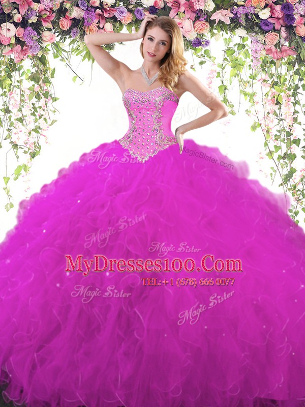 Dynamic Floor Length Fuchsia Quinceanera Dresses Tulle Sleeveless Beading