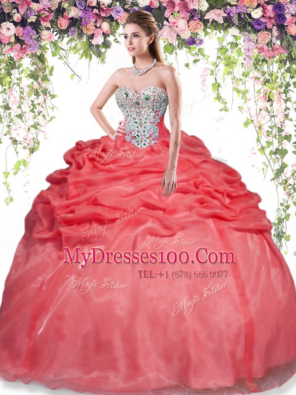 Unique Red Ball Gowns Beading and Pick Ups Sweet 16 Dress Lace Up Organza Sleeveless Floor Length