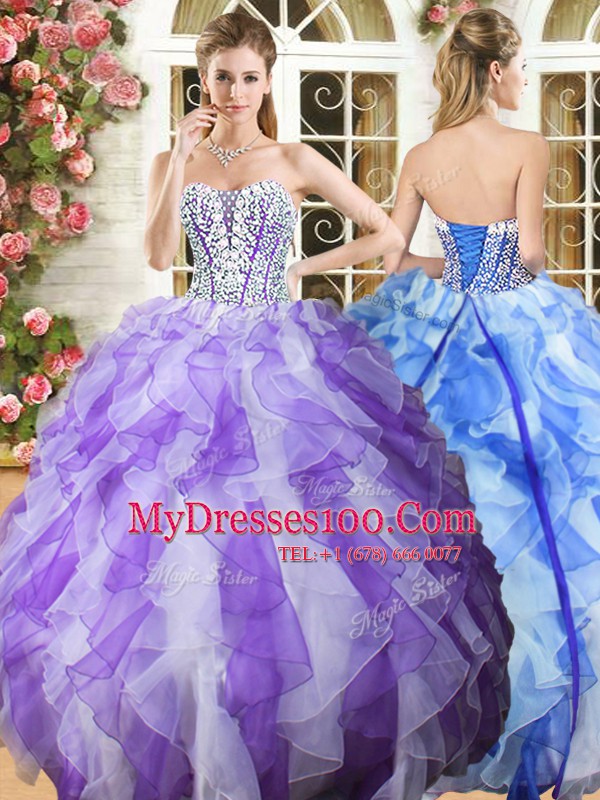 Discount Beading and Ruffles Sweet 16 Dresses White and Purple Lace Up Sleeveless Floor Length