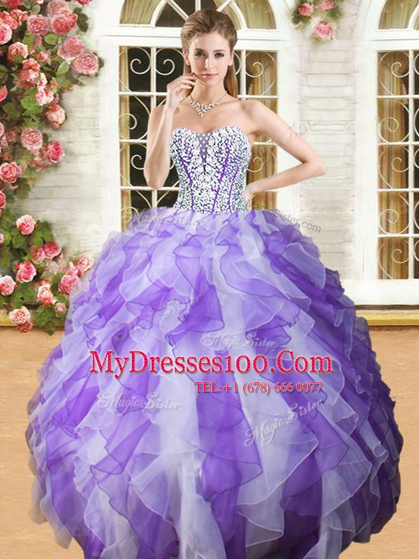 Discount Beading and Ruffles Sweet 16 Dresses White and Purple Lace Up Sleeveless Floor Length