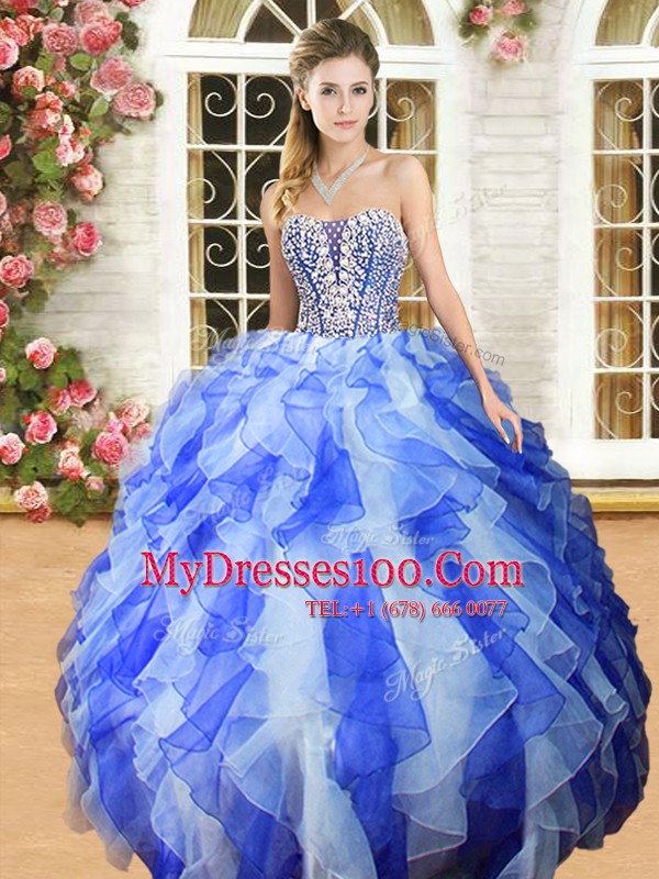 Discount Beading and Ruffles Sweet 16 Dresses White and Purple Lace Up Sleeveless Floor Length