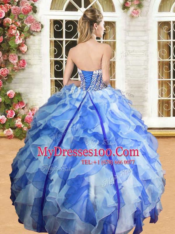 Discount Beading and Ruffles Sweet 16 Dresses White and Purple Lace Up Sleeveless Floor Length