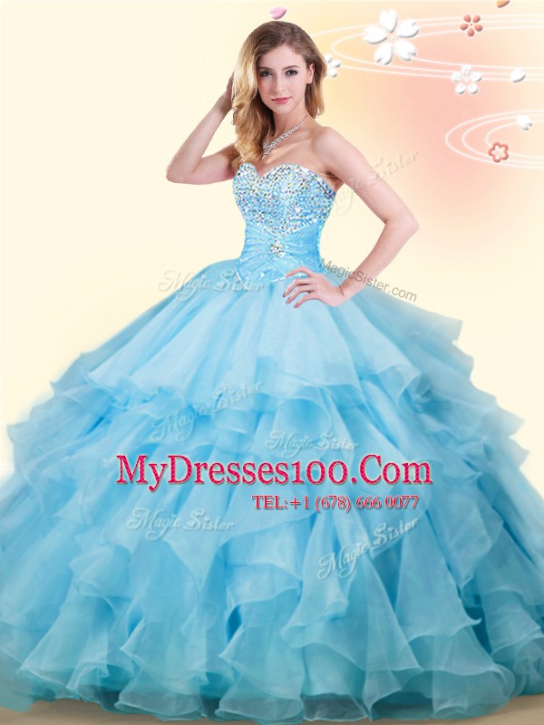 Baby Blue Ball Gowns Sweetheart Sleeveless Organza Floor Length Lace Up Beading and Ruffles Quince Ball Gowns