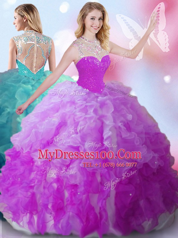 Amazing Multi-color Tulle Zipper High-neck Sleeveless Floor Length Quinceanera Gowns Beading