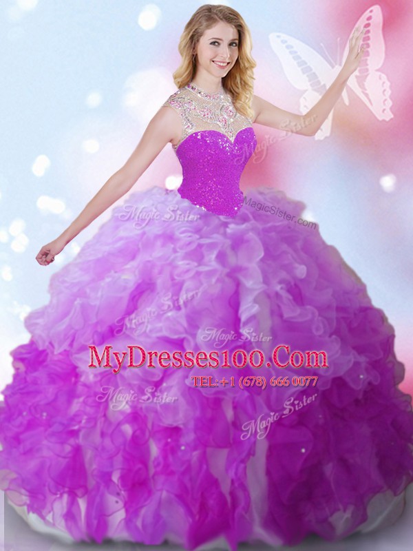 Amazing Multi-color Tulle Zipper High-neck Sleeveless Floor Length Quinceanera Gowns Beading