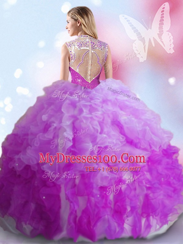 Amazing Multi-color Tulle Zipper High-neck Sleeveless Floor Length Quinceanera Gowns Beading