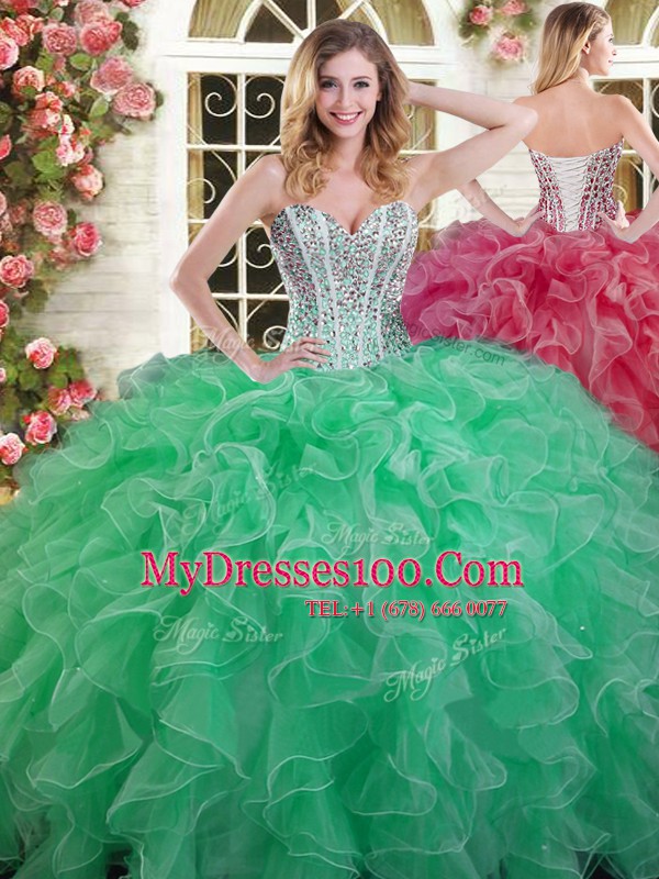 Green Lace Up 15 Quinceanera Dress Beading and Ruffles Sleeveless Floor Length