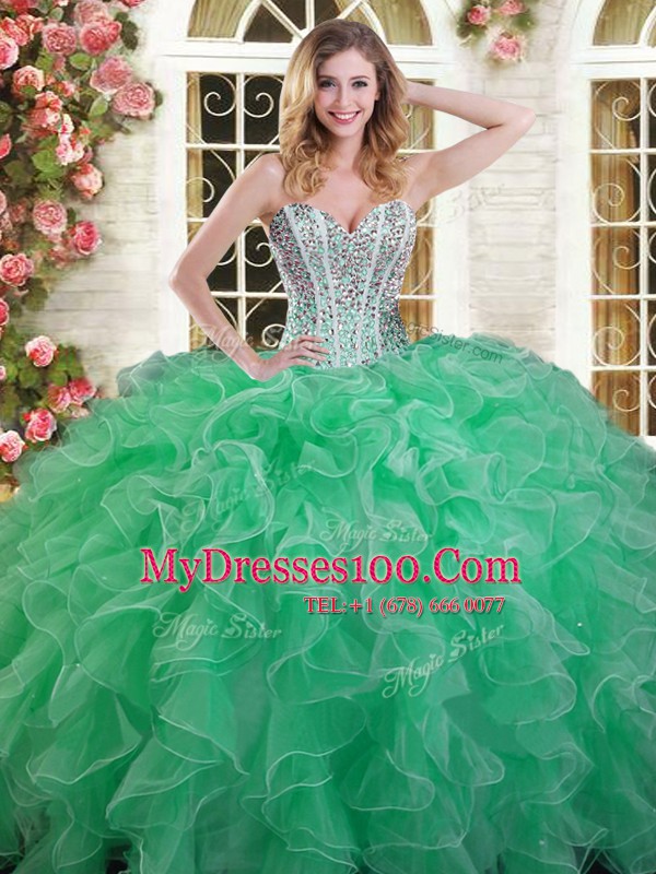Green Lace Up 15 Quinceanera Dress Beading and Ruffles Sleeveless Floor Length