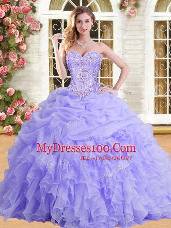 Decent Sleeveless Organza Floor Length Lace Up Quinceanera Dress in Lavender with Beading and Appliques and Ruffles