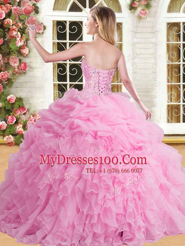 Decent Sleeveless Organza Floor Length Lace Up Quinceanera Dress in Lavender with Beading and Appliques and Ruffles