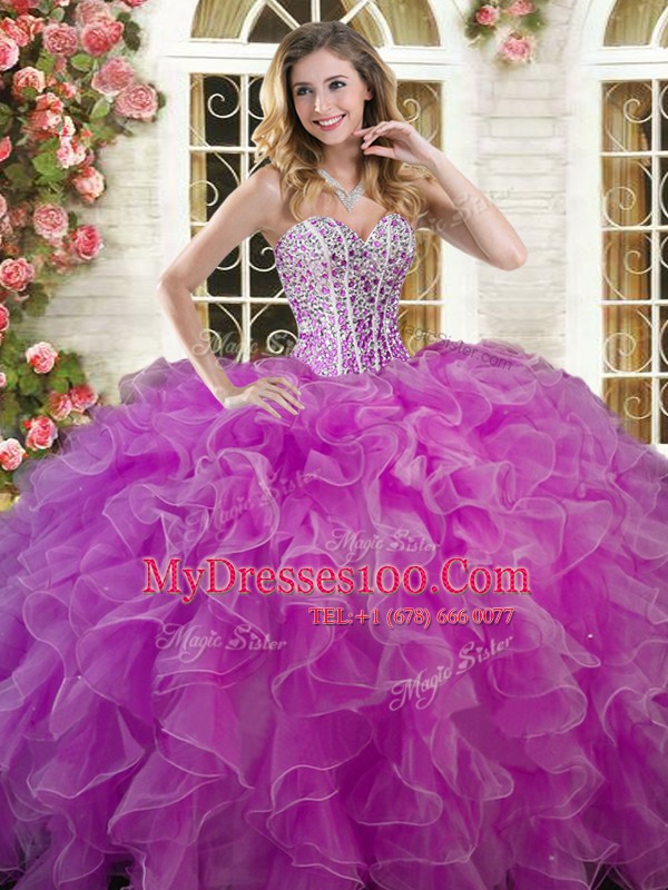 Gorgeous Lilac Ball Gowns Organza Sweetheart Sleeveless Beading and Ruffles Floor Length Lace Up Vestidos de Quinceanera