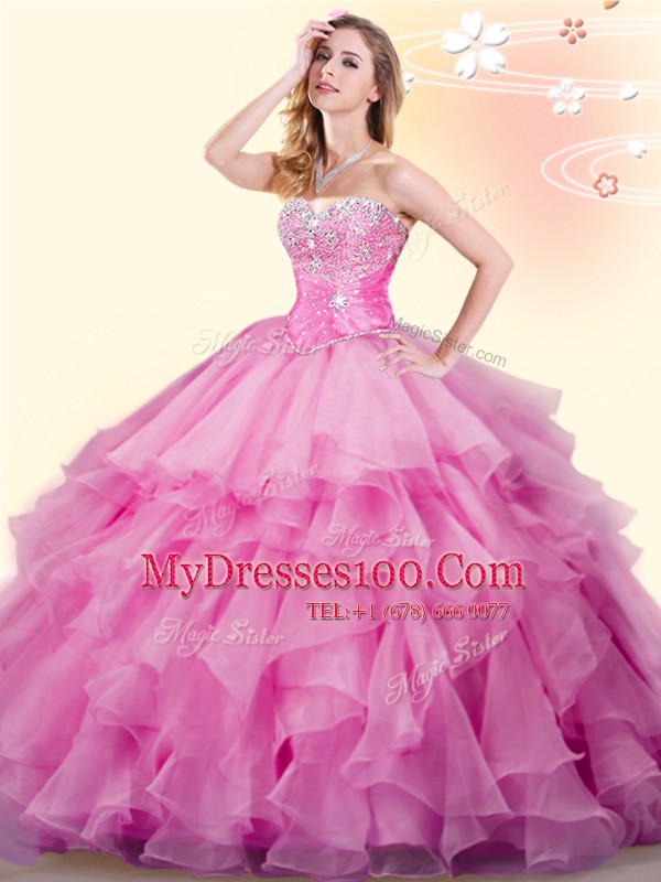 Rose Pink Ball Gowns Sweetheart Sleeveless Organza Floor Length Lace Up Beading and Ruffles Quinceanera Dresses