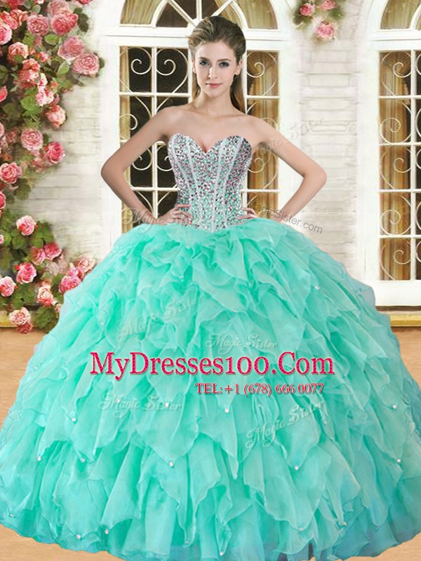 Cute Apple Green Sleeveless Organza Lace Up Sweet 16 Quinceanera Dress for Military Ball and Sweet 16 and Quinceanera