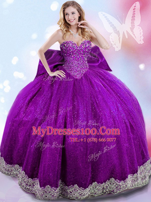 Lovely Eggplant Purple Lace Up Sweetheart Beading and Lace and Bowknot Sweet 16 Dresses Taffeta Sleeveless
