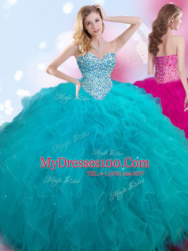 Modest Sweetheart Sleeveless Lace Up Sweet 16 Quinceanera Dress Teal Tulle