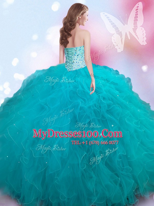 Modest Sweetheart Sleeveless Lace Up Sweet 16 Quinceanera Dress Teal Tulle