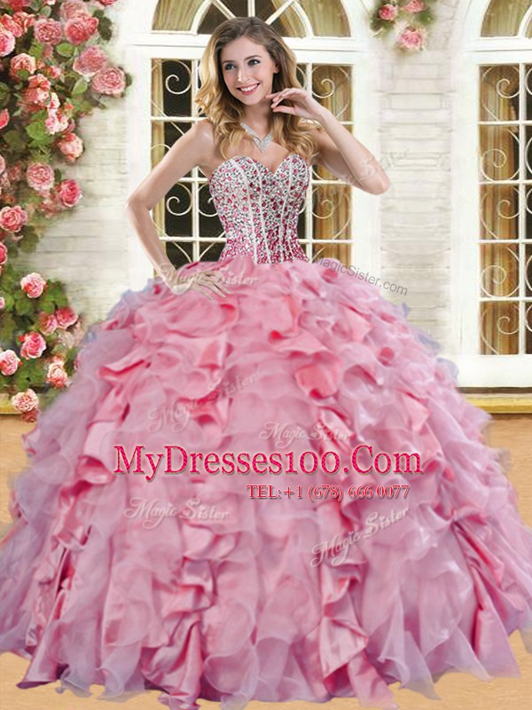 Sweetheart Sleeveless Sweet 16 Quinceanera Dress Floor Length Beading and Ruffles Pink Organza and Taffeta