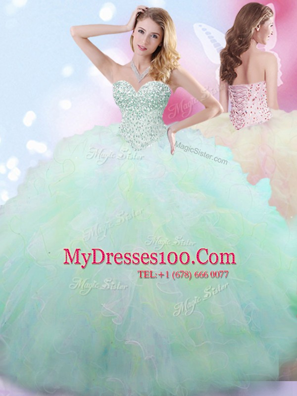 New Style Multi-color Ball Gowns Tulle Sweetheart Sleeveless Beading Floor Length Lace Up Sweet 16 Dresses