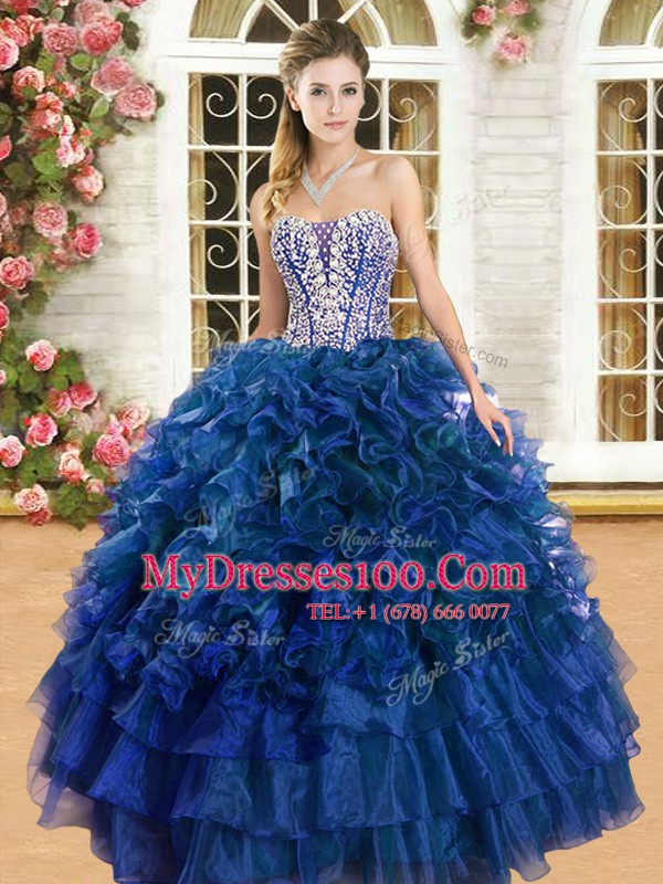 Decent Royal Blue Ball Gowns Beading and Ruffles and Ruffled Layers Quince Ball Gowns Lace Up Organza Sleeveless Floor Length