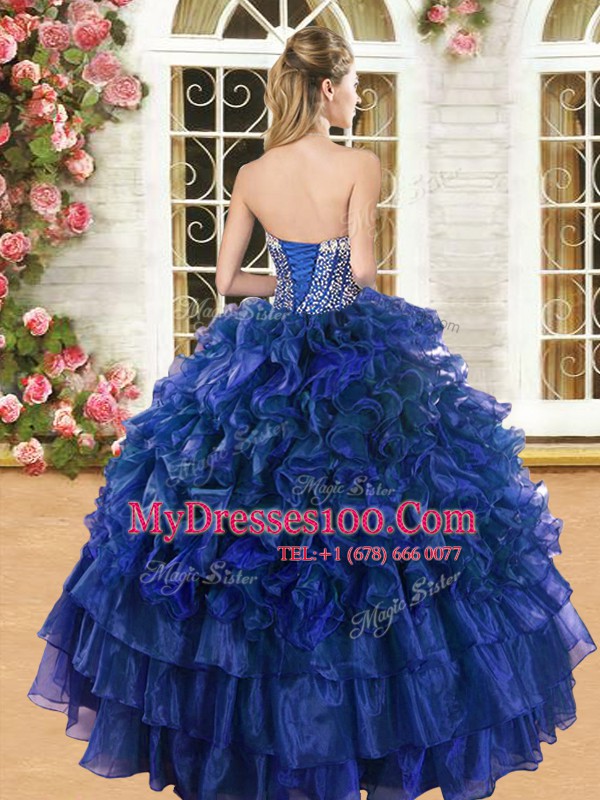 Decent Royal Blue Ball Gowns Beading and Ruffles and Ruffled Layers Quince Ball Gowns Lace Up Organza Sleeveless Floor Length