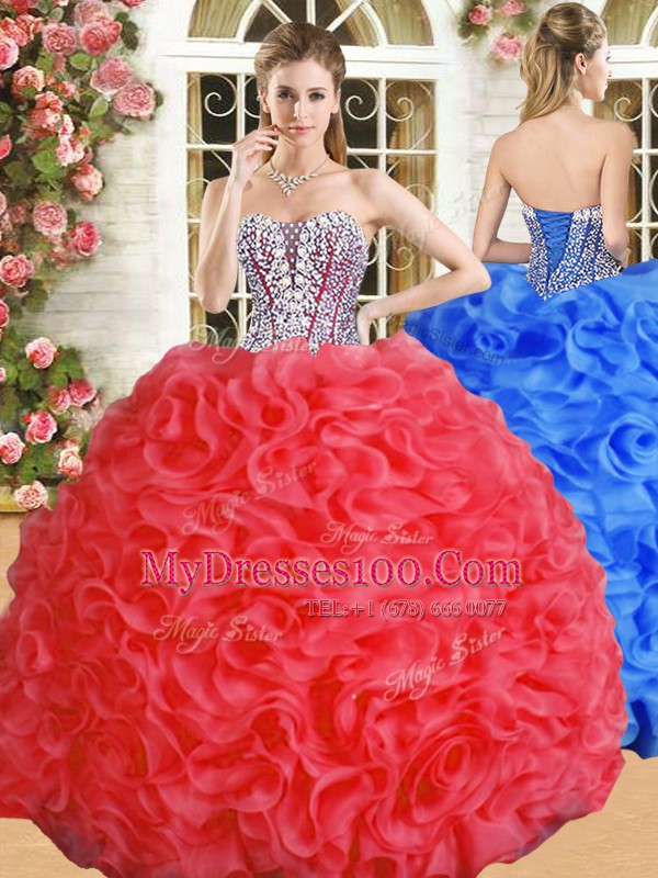 Sleeveless Floor Length Beading and Ruffles Lace Up Sweet 16 Dresses with Red