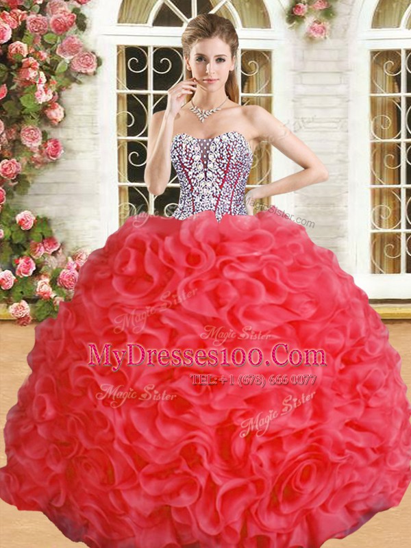 Sleeveless Floor Length Beading and Ruffles Lace Up Sweet 16 Dresses with Red