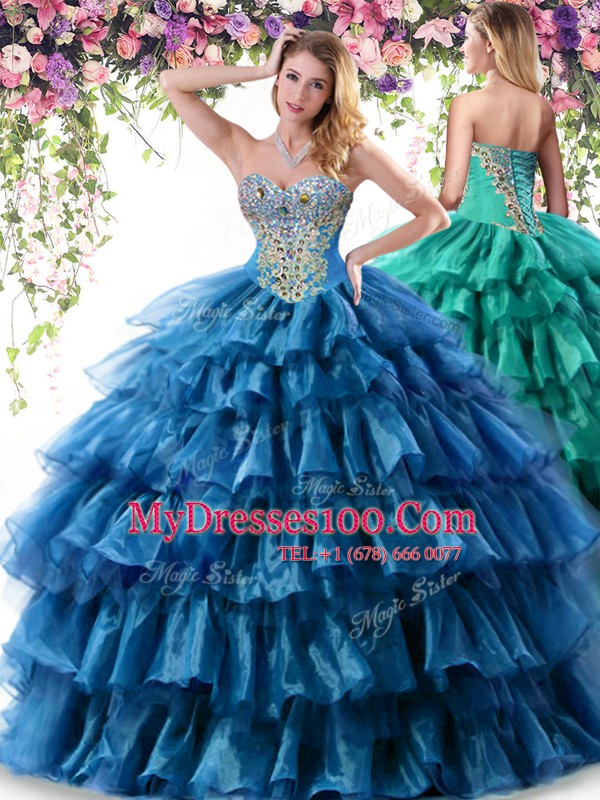 Custom Made Teal Organza Lace Up 15 Quinceanera Dress Sleeveless Floor Length Beading and Ruffled Layers