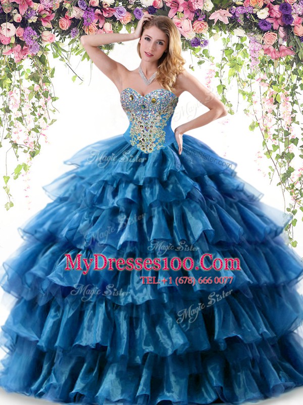 Custom Made Teal Organza Lace Up 15 Quinceanera Dress Sleeveless Floor Length Beading and Ruffled Layers