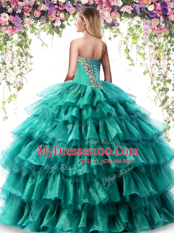 Custom Made Teal Organza Lace Up 15 Quinceanera Dress Sleeveless Floor Length Beading and Ruffled Layers