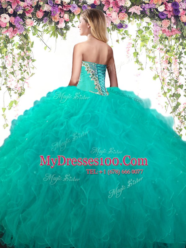 Beautiful Floor Length Blue Quinceanera Dresses Tulle Sleeveless Beading and Ruffles